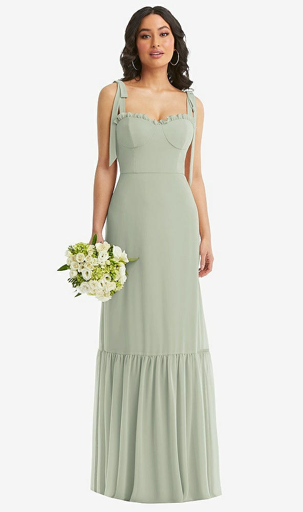 Front View - Celadon Tie-Shoulder Bustier Bodice Ruffle-Hem Maxi Dress