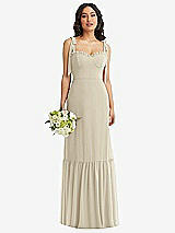 Front View Thumbnail - Champagne Tie-Shoulder Bustier Bodice Ruffle-Hem Maxi Dress