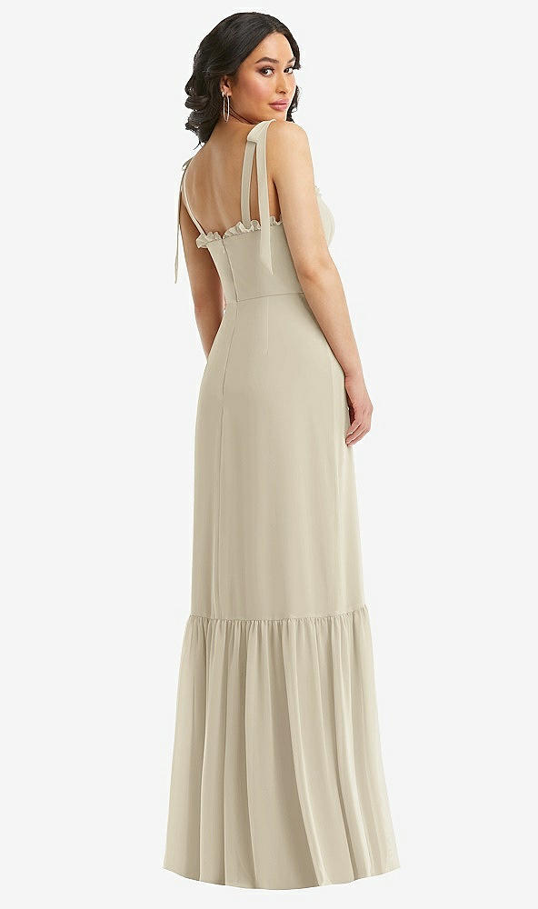 Back View - Champagne Tie-Shoulder Bustier Bodice Ruffle-Hem Maxi Dress