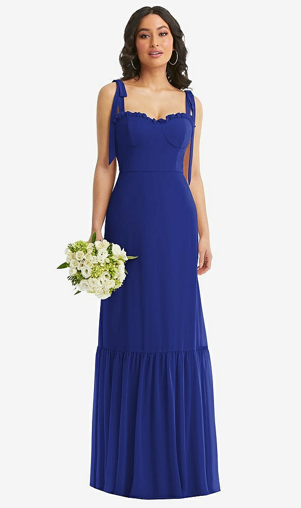 Front View - Cobalt Blue Tie-Shoulder Bustier Bodice Ruffle-Hem Maxi Dress