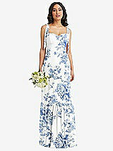 Front View Thumbnail - Cottage Rose Dusk Blue Tie-Shoulder Bustier Bodice Ruffle-Hem Maxi Dress