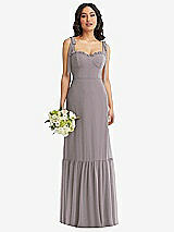 Front View Thumbnail - Cashmere Gray Tie-Shoulder Bustier Bodice Ruffle-Hem Maxi Dress