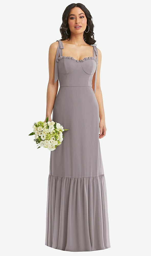 Front View - Cashmere Gray Tie-Shoulder Bustier Bodice Ruffle-Hem Maxi Dress