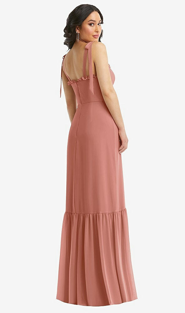 Back View - Desert Rose Tie-Shoulder Bustier Bodice Ruffle-Hem Maxi Dress