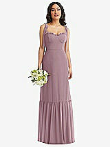 Front View Thumbnail - Dusty Rose Tie-Shoulder Bustier Bodice Ruffle-Hem Maxi Dress