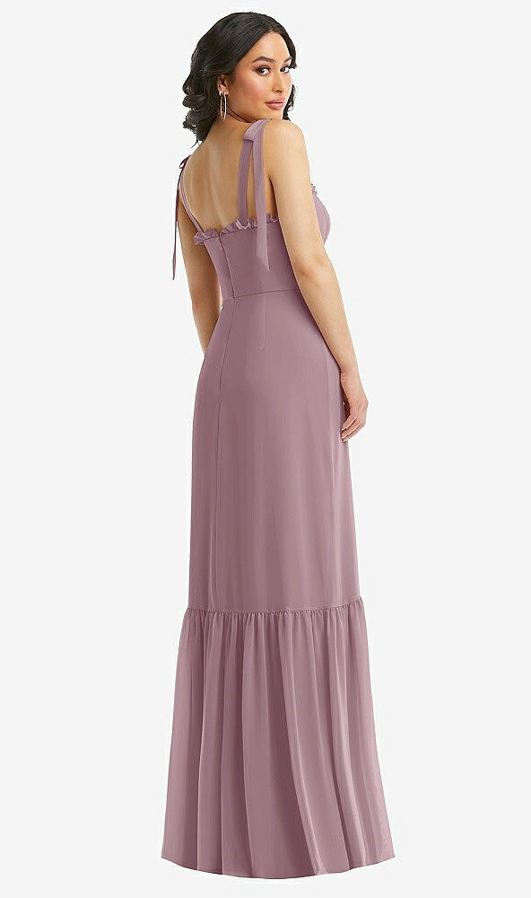 Back View - Dusty Rose Tie-Shoulder Bustier Bodice Ruffle-Hem Maxi Dress