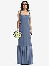 Front View Thumbnail - Larkspur Blue Tie-Shoulder Bustier Bodice Ruffle-Hem Maxi Dress