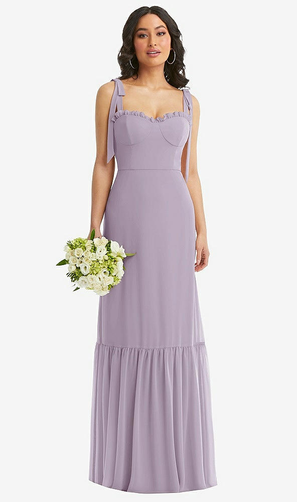 Front View - Lilac Haze Tie-Shoulder Bustier Bodice Ruffle-Hem Maxi Dress