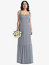 Front View Thumbnail - Platinum Tie-Shoulder Bustier Bodice Ruffle-Hem Maxi Dress