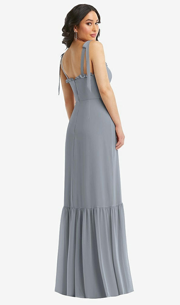 Back View - Platinum Tie-Shoulder Bustier Bodice Ruffle-Hem Maxi Dress