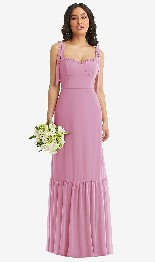 Front View - Powder Pink Tie-Shoulder Bustier Bodice Ruffle-Hem Maxi Dress