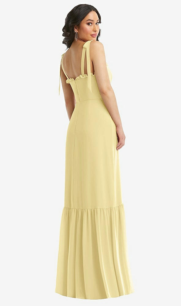 Back View - Pale Yellow Tie-Shoulder Bustier Bodice Ruffle-Hem Maxi Dress