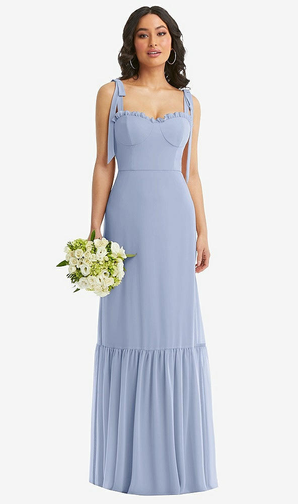 Front View - Sky Blue Tie-Shoulder Bustier Bodice Ruffle-Hem Maxi Dress