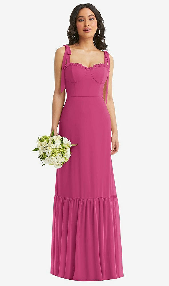 Front View - Tea Rose Tie-Shoulder Bustier Bodice Ruffle-Hem Maxi Dress