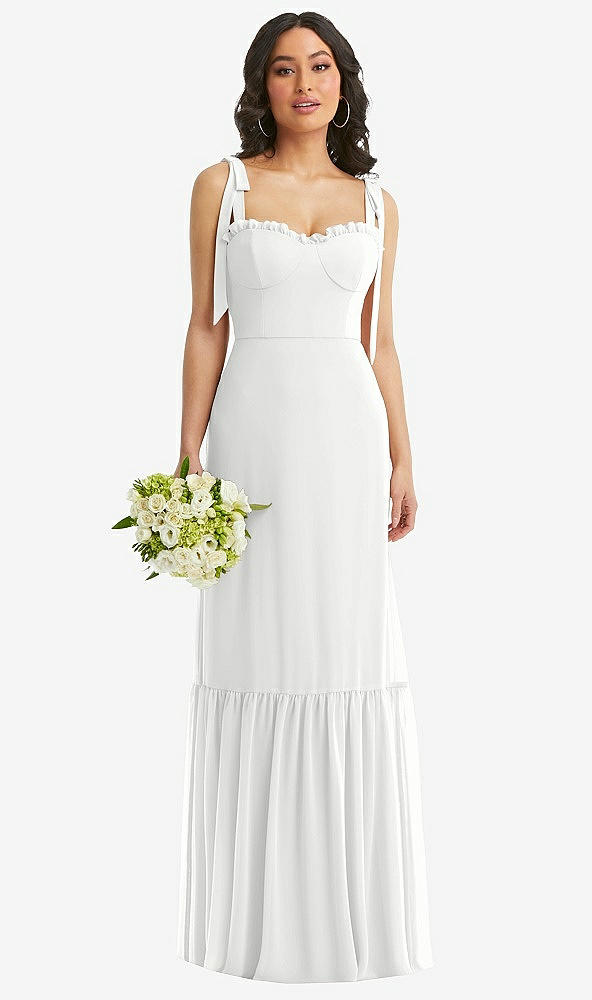 Front View - White Tie-Shoulder Bustier Bodice Ruffle-Hem Maxi Dress