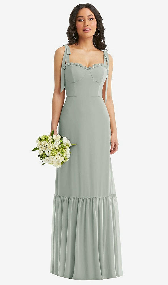 Front View - Willow Green Tie-Shoulder Bustier Bodice Ruffle-Hem Maxi Dress