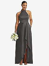 Alt View 1 Thumbnail - Caviar Gray High-Neck Tie-Back Halter Cascading High Low Maxi Dress