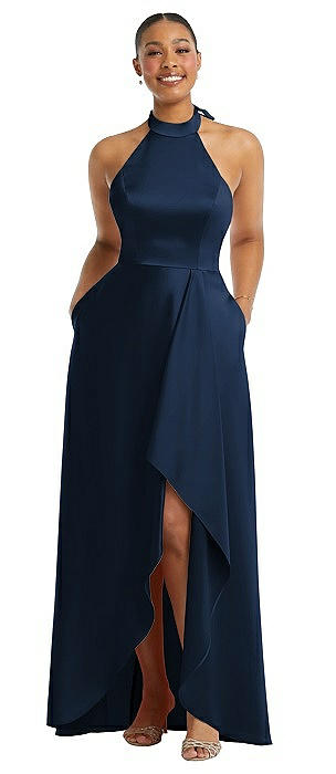 High-Neck Tie-Back Halter Cascading High Low Maxi Dress