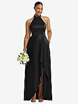 Alt View 1 Thumbnail - Black High-Neck Tie-Back Halter Cascading High Low Maxi Dress