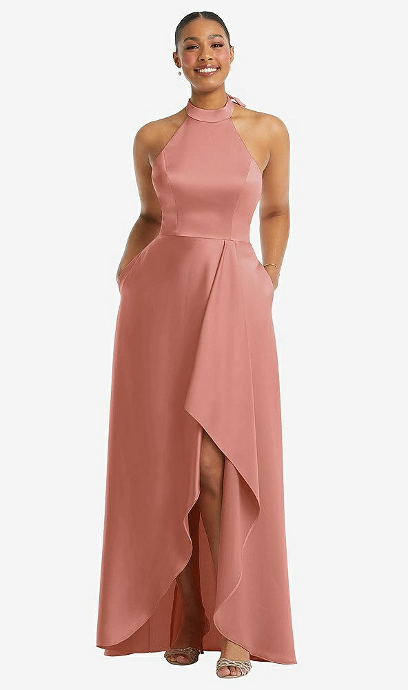 Front View - Desert Rose High-Neck Tie-Back Halter Cascading High Low Maxi Dress