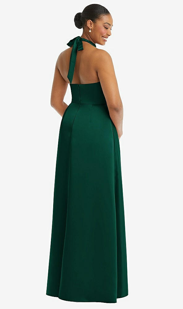 Back View - Hunter Green High-Neck Tie-Back Halter Cascading High Low Maxi Dress