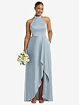 Alt View 1 Thumbnail - Mist High-Neck Tie-Back Halter Cascading High Low Maxi Dress