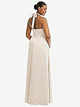 Rear View Thumbnail - Oat High-Neck Tie-Back Halter Cascading High Low Maxi Dress