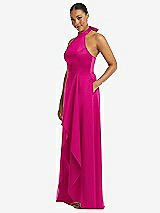 Side View Thumbnail - Think Pink High-Neck Tie-Back Halter Cascading High Low Maxi Dress