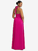 Rear View Thumbnail - Think Pink High-Neck Tie-Back Halter Cascading High Low Maxi Dress