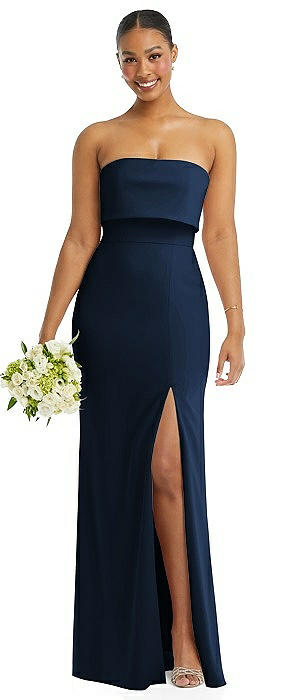 Strapless Overlay Bodice Crepe Maxi Dress with Front Slit