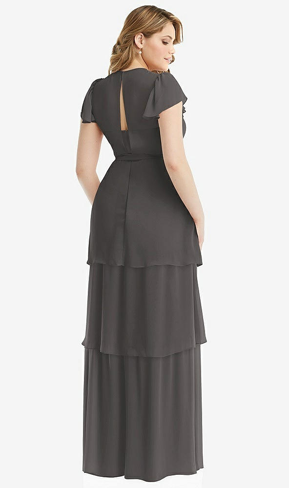 Back View - Caviar Gray Flutter Sleeve Jewel Neck Chiffon Maxi Dress with Tiered Ruffle Skirt