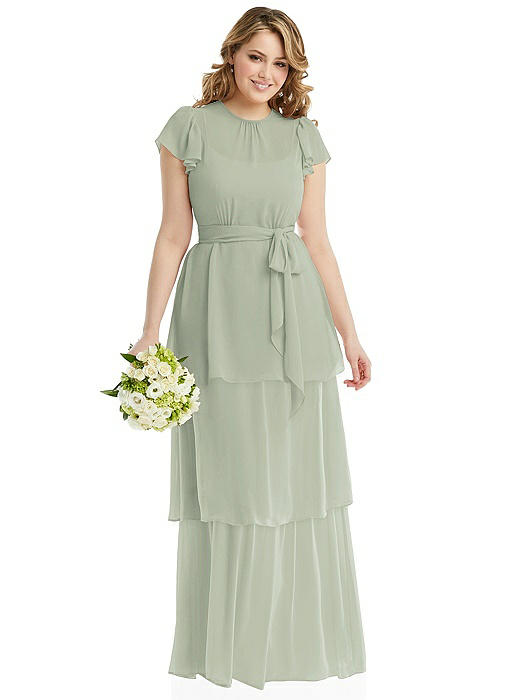 Flutter Sleeve Jewel Neck Chiffon Maxi Dress with Tiered Ruffle Skirt