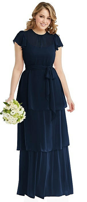 Flutter Sleeve Jewel Neck Chiffon Maxi Dress with Tiered Ruffle Skirt