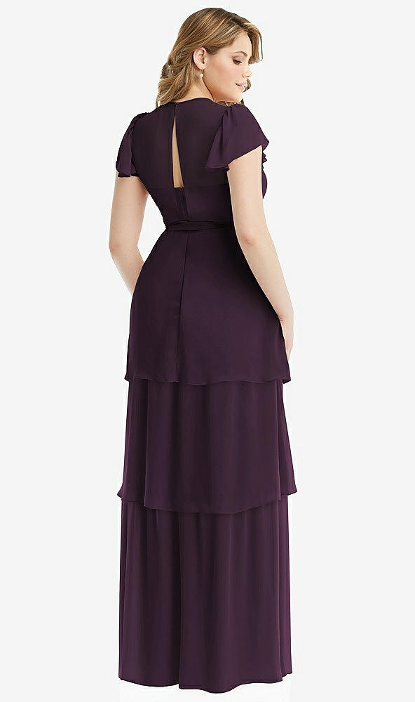 Back View - Aubergine Flutter Sleeve Jewel Neck Chiffon Maxi Dress with Tiered Ruffle Skirt