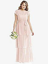 Front View Thumbnail - Blush Flutter Sleeve Jewel Neck Chiffon Maxi Dress with Tiered Ruffle Skirt