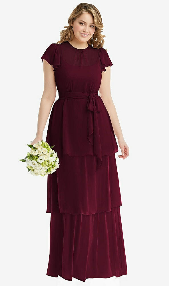 Front View - Cabernet Flutter Sleeve Jewel Neck Chiffon Maxi Dress with Tiered Ruffle Skirt