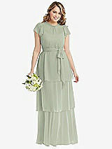 Front View Thumbnail - Celadon Flutter Sleeve Jewel Neck Chiffon Maxi Dress with Tiered Ruffle Skirt