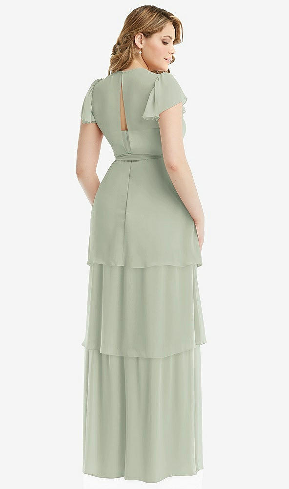 Back View - Celadon Flutter Sleeve Jewel Neck Chiffon Maxi Dress with Tiered Ruffle Skirt