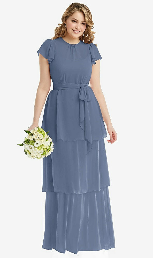 Front View - Larkspur Blue Flutter Sleeve Jewel Neck Chiffon Maxi Dress with Tiered Ruffle Skirt