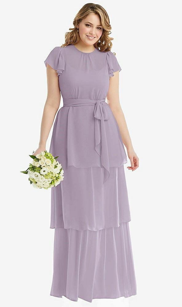 Front View - Lilac Haze Flutter Sleeve Jewel Neck Chiffon Maxi Dress with Tiered Ruffle Skirt