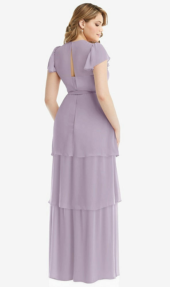 Back View - Lilac Haze Flutter Sleeve Jewel Neck Chiffon Maxi Dress with Tiered Ruffle Skirt