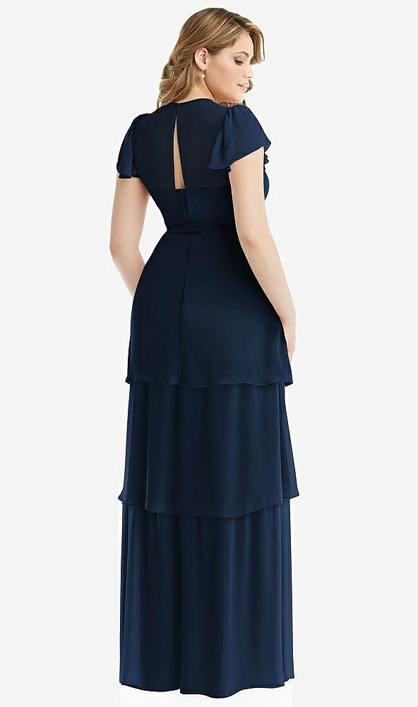 Back View - Midnight Navy Flutter Sleeve Jewel Neck Chiffon Maxi Dress with Tiered Ruffle Skirt