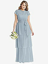 Front View Thumbnail - Mist Flutter Sleeve Jewel Neck Chiffon Maxi Dress with Tiered Ruffle Skirt