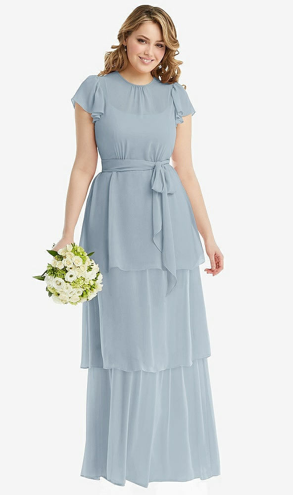 Front View - Mist Flutter Sleeve Jewel Neck Chiffon Maxi Dress with Tiered Ruffle Skirt