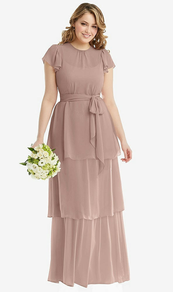 Front View - Neu Nude Flutter Sleeve Jewel Neck Chiffon Maxi Dress with Tiered Ruffle Skirt