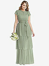 Front View Thumbnail - Sage Flutter Sleeve Jewel Neck Chiffon Maxi Dress with Tiered Ruffle Skirt