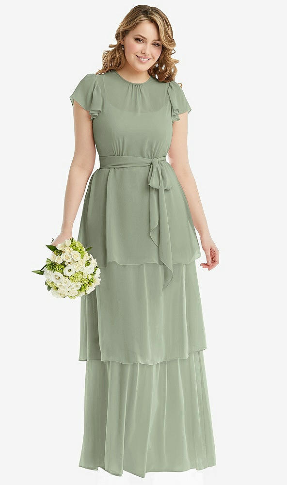 Front View - Sage Flutter Sleeve Jewel Neck Chiffon Maxi Dress with Tiered Ruffle Skirt