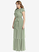 Side View Thumbnail - Sage Flutter Sleeve Jewel Neck Chiffon Maxi Dress with Tiered Ruffle Skirt