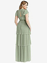 Rear View Thumbnail - Sage Flutter Sleeve Jewel Neck Chiffon Maxi Dress with Tiered Ruffle Skirt