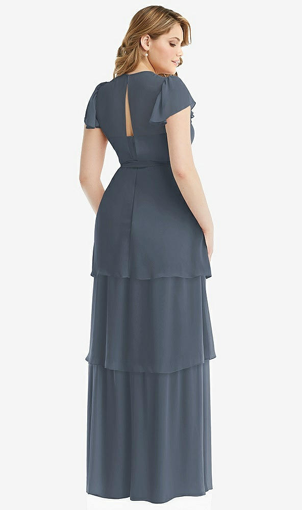 Back View - Silverstone Flutter Sleeve Jewel Neck Chiffon Maxi Dress with Tiered Ruffle Skirt